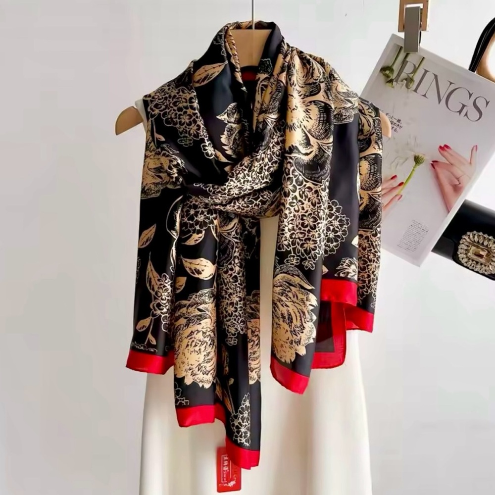 Black and Gold Polyester Scarf, Ornate Design with Red Trim Detail